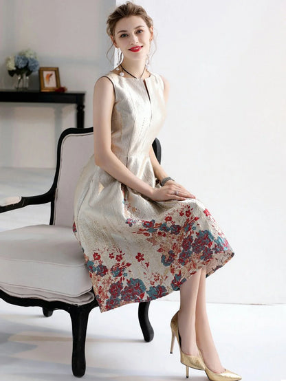 Luxury Women Fashion High Quality Jacquard A Line Ball Gown Sleeveless Summer Casual Clothing Midi Femme Party Dressses