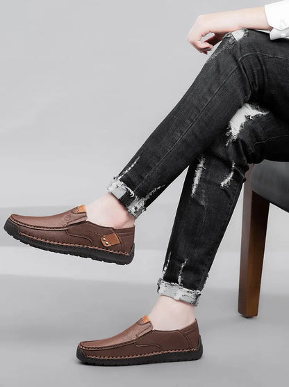 Men's Handmade Thick Rubber Bottom Breathable Casual Leather Shoes Classic Sewn Loafers Comfortable Leisure Footwear