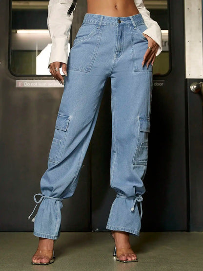 Y2K Trendy Women Cargo Jeans Street Flap Pockets Side Knot Hem Baggy