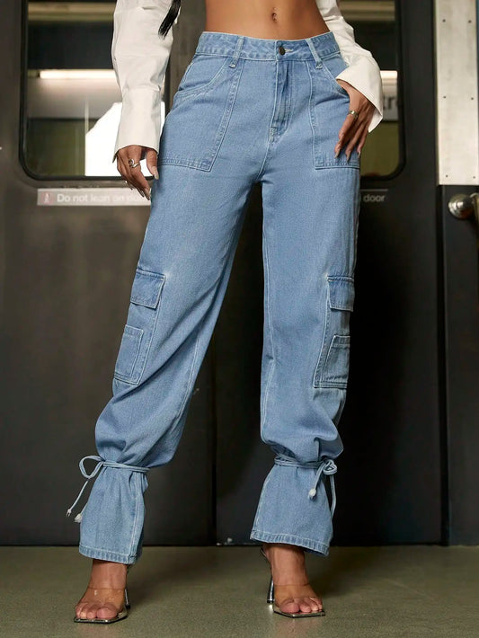 Y2K Trendy Women Cargo Jeans Street Flap Pockets Side Knot Hem Baggy