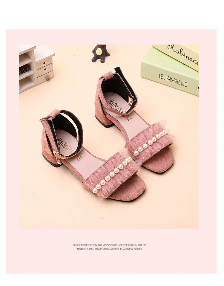 Girls Sandals Summer Shoes Cute Pearls Roman Shoes Pink Black Beading Open-toe Kids Fashion Girls Party Sandals Kids Shoes Chic