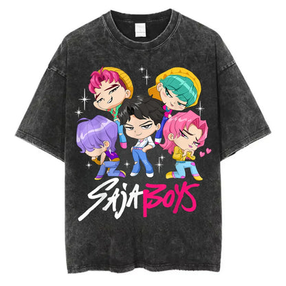 Washed Kpop Anime Demon Hunter Huntrix Girls T Shirt Kawaii Cute Fashion Unisex T-shirts Oversized Cotton Casual Vintage T-Shirt