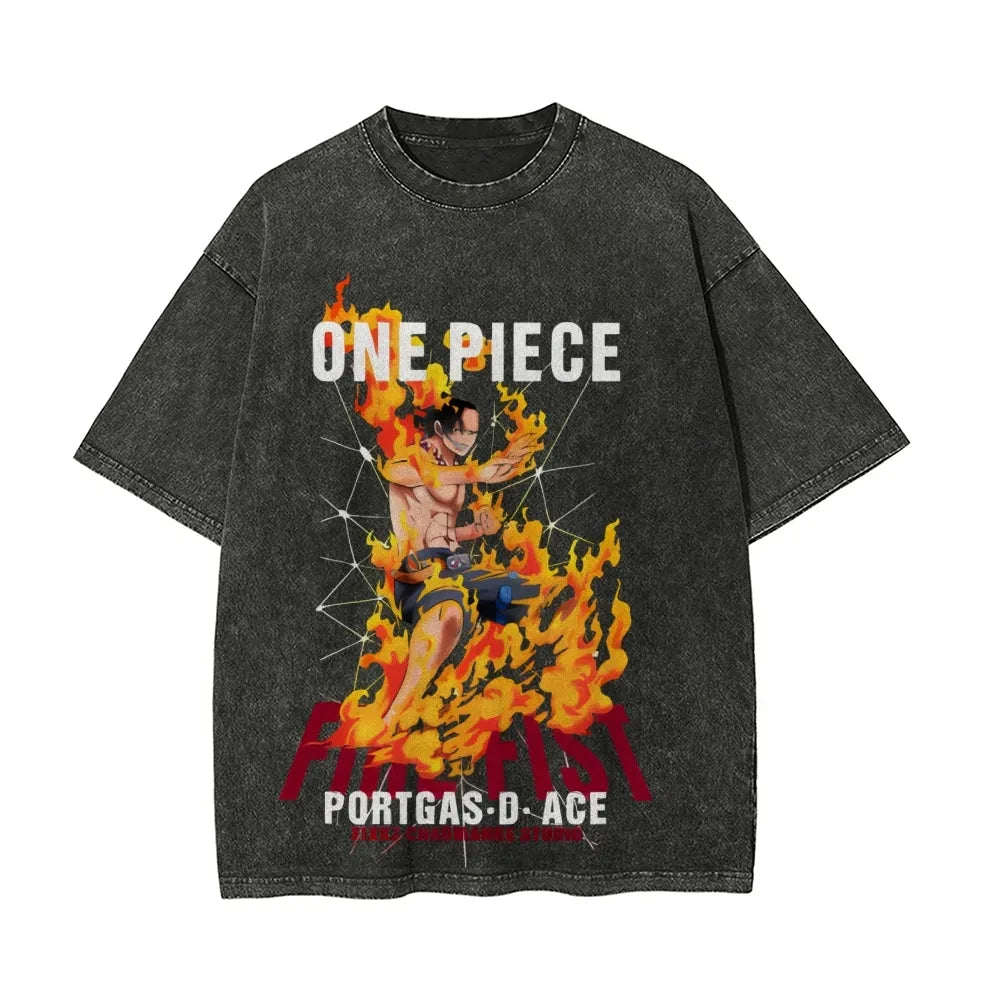 Anime Retro Washed Printed T-shirt for Men and Women 2025 Popular Summer Street Casual Short-sleeved Crew Neck Top