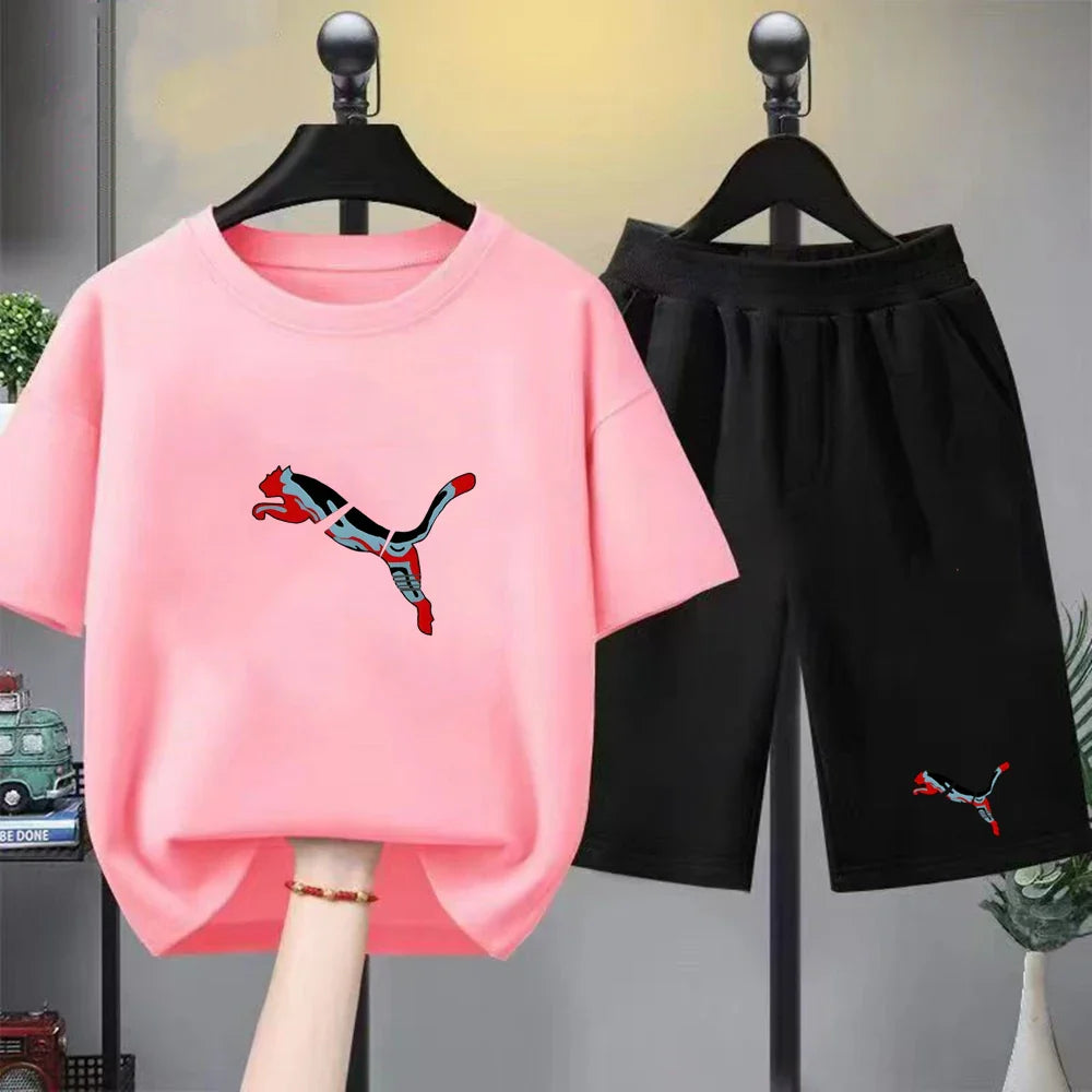 Summer white children's short sleeve 3-12 Years Kids cougar print T-shirt clothes boy girls pink shirt tees ventilate cool tops