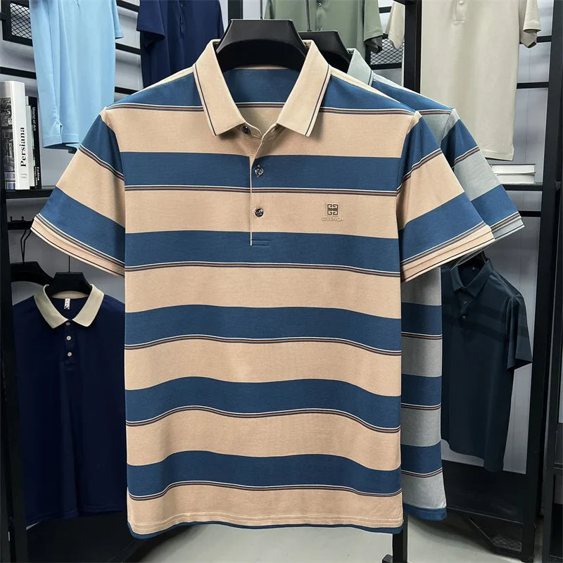 Light luxury striped color blocked short sleeve polo shirt brand symbol emboss high-end casual summer silky smooth men's T-shirt