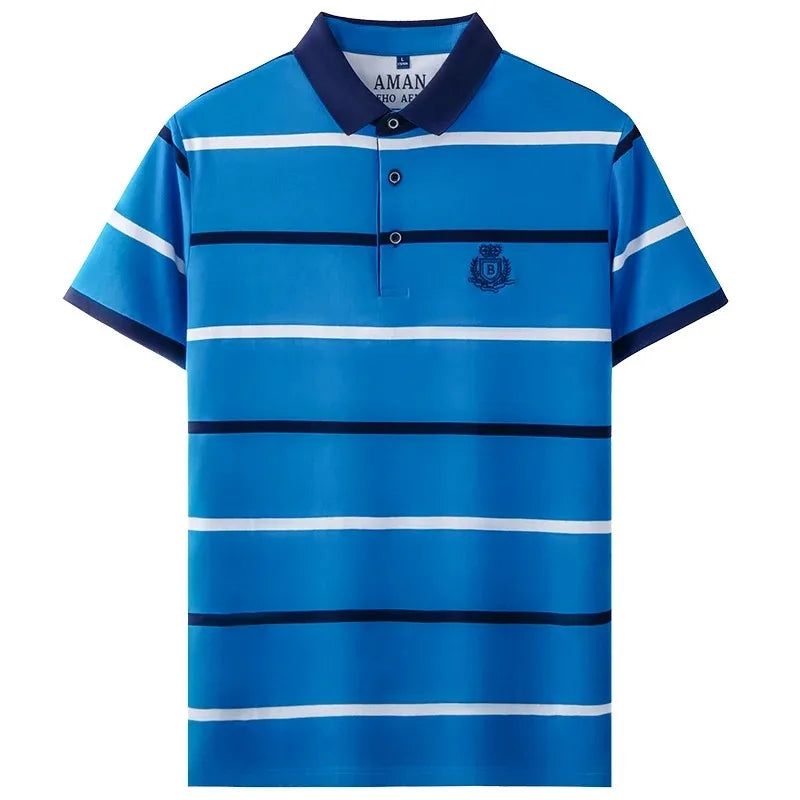 Light luxury brand short sleeve men's POLO shirt summer fashion personality striped badge top breathable ice silk casual T-shirt