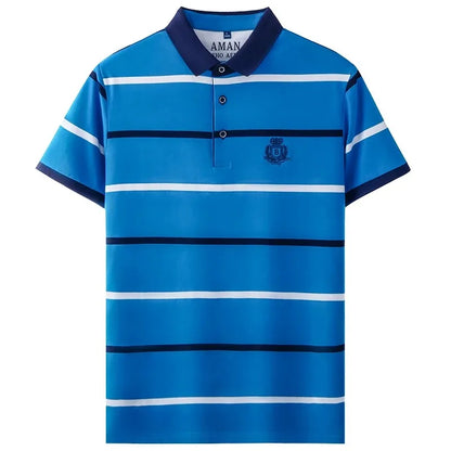 Light luxury brand short sleeve men's POLO shirt summer fashion personality striped badge top breathable ice silk casual T-shirt