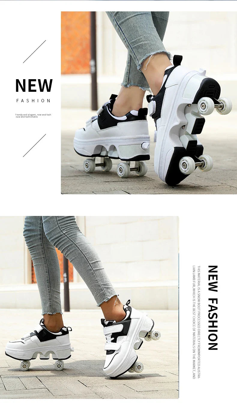 Children Wheels Shoes Roller Sneakers With 4 Wheels Skates Adult Runaway Parkour Deformation Shoes For Women Men Youth Kids Gift