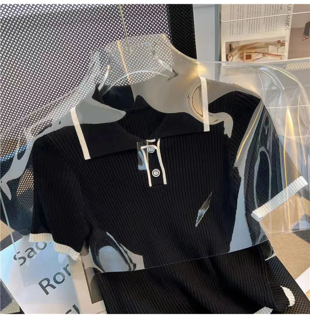 Ice silk knitted short sleeved T-shirt for women's summer 2024 new fashionable and stylish polo shirt top