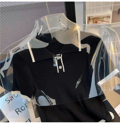 Ice silk knitted short sleeved T-shirt for women's summer 2024 new fashionable and stylish polo shirt top