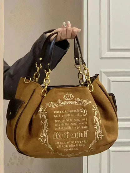 Bolsa Tote Feminina Rosa Vintage Y2K Gótica Estética Grande Capacidade Bordado Letra Retrô Corrente Grunge Viagem Ombro