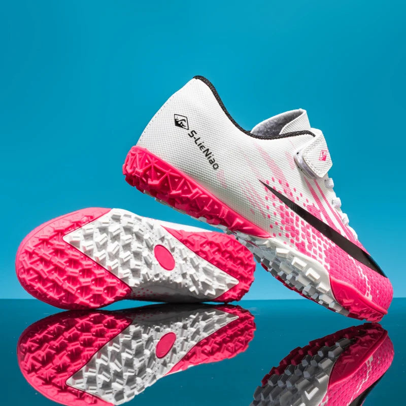 Kids' Turf Soccer Shoes with Rubber Soles, White/Pink, Black/Gold & WhiteMoon for Training