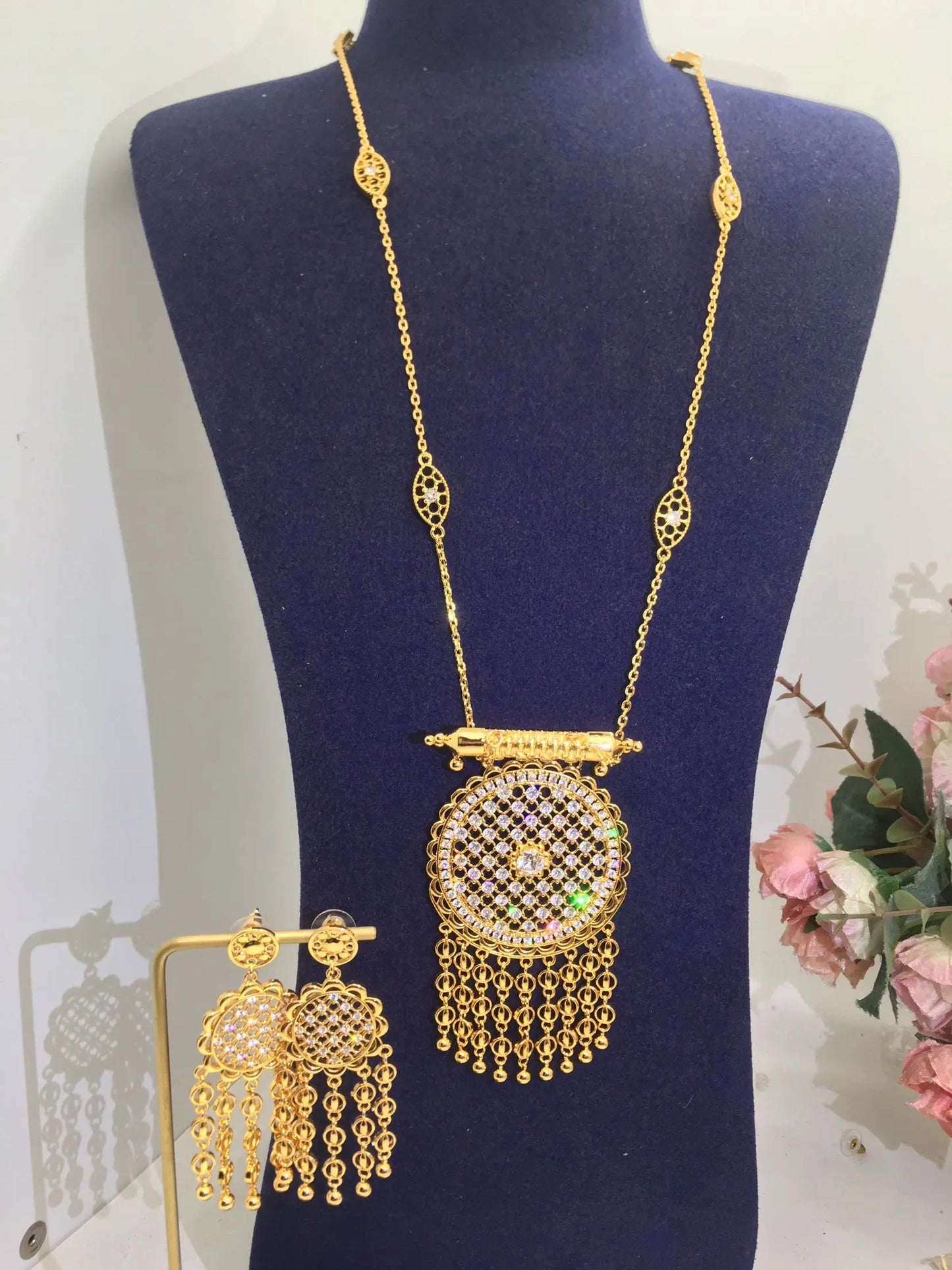 Trendy 2PCS Luxury Waterdrop Indian Jewelry Sets For Women Wedding Party Indian Dubai Bridal Necklace Bracelet Earrings