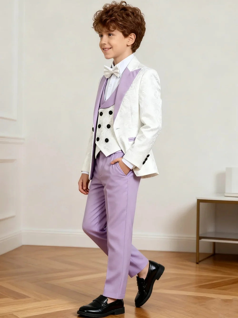 Stylish Notched Lapel Purple Suit Set For Kids Wedding Suits For Flower Boy Kids Formal Suit Set 4 Pieces Classy Tuxedo Suit