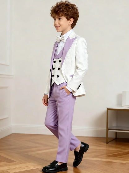 Stylish Notched Lapel Purple Suit Set For Kids Wedding Suits For Flower Boy Kids Formal Suit Set 4 Pieces Classy Tuxedo Suit