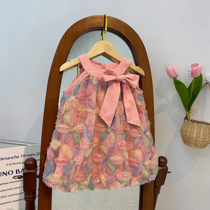Girl Dress 2025 Summer New Girl Dress Princess Dress Little Girl Fashion Colorful Flower Yarn Dresses Kid Clothes