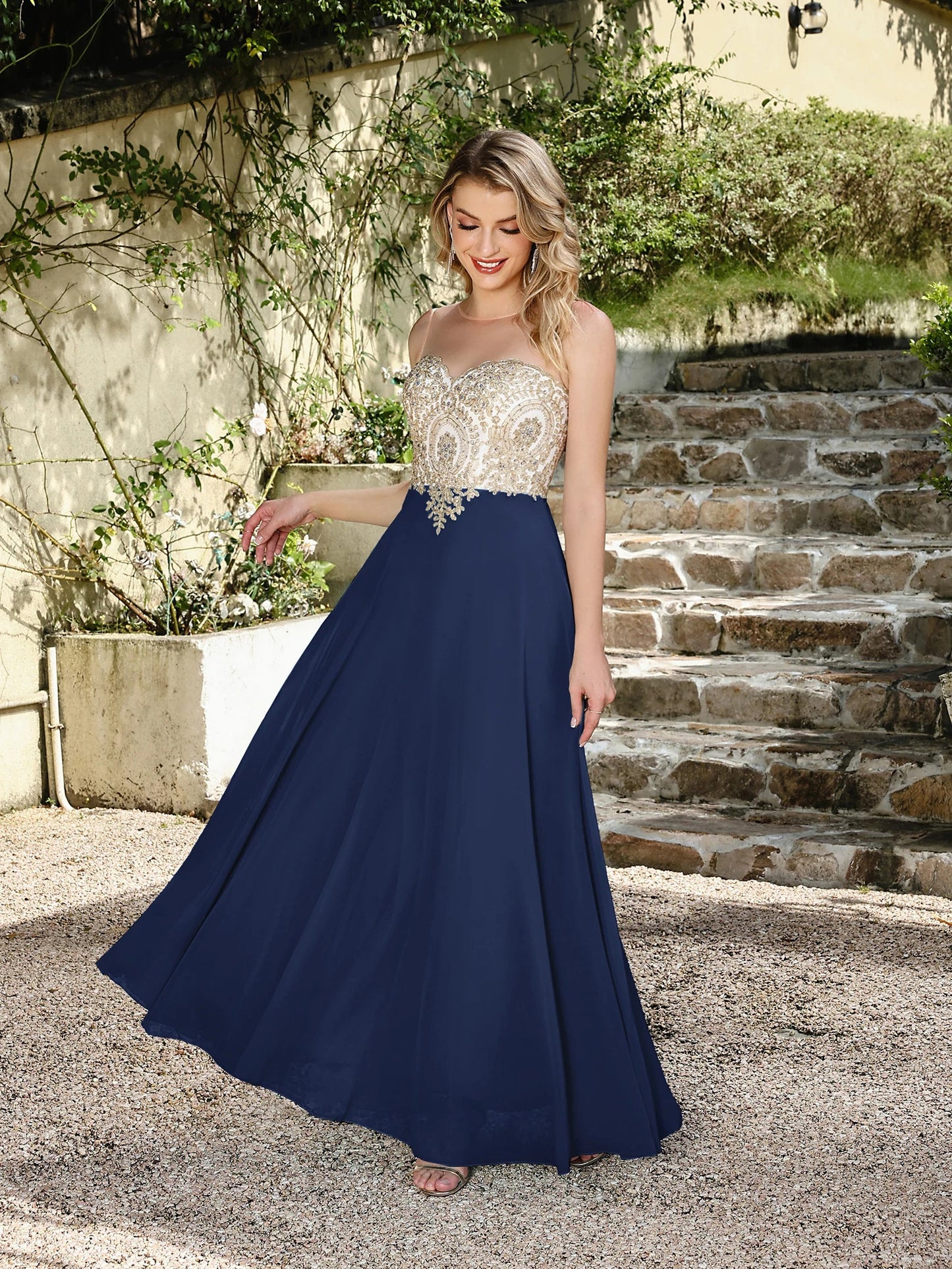 Elegant Sweetheart Prom Dress with Gold Embroidered Bodice & Flowing Chiffon Skirt for Homecoming & Formal Events