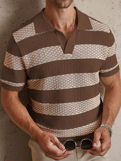Daily Casual Mens Knitted Polo Shirts 2026 Summer Fashion Striped Contrast Color Knit Pullovers Men Stylish Turn-down Collar Top