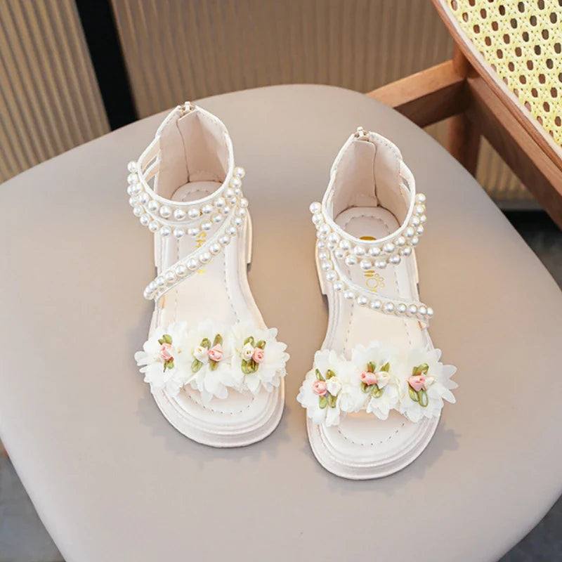 Children's Sandals for Girls Elegant Sandals Pearl Beading Sweet Princess Dress Shoes Kids High-top Roman Sandals Back Zipper