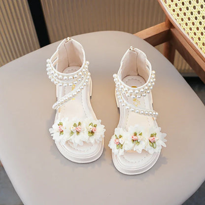 Children's Sandals for Girls Elegant Sandals Pearl Beading Sweet Princess Dress Shoes Kids High-top Roman Sandals Back Zipper