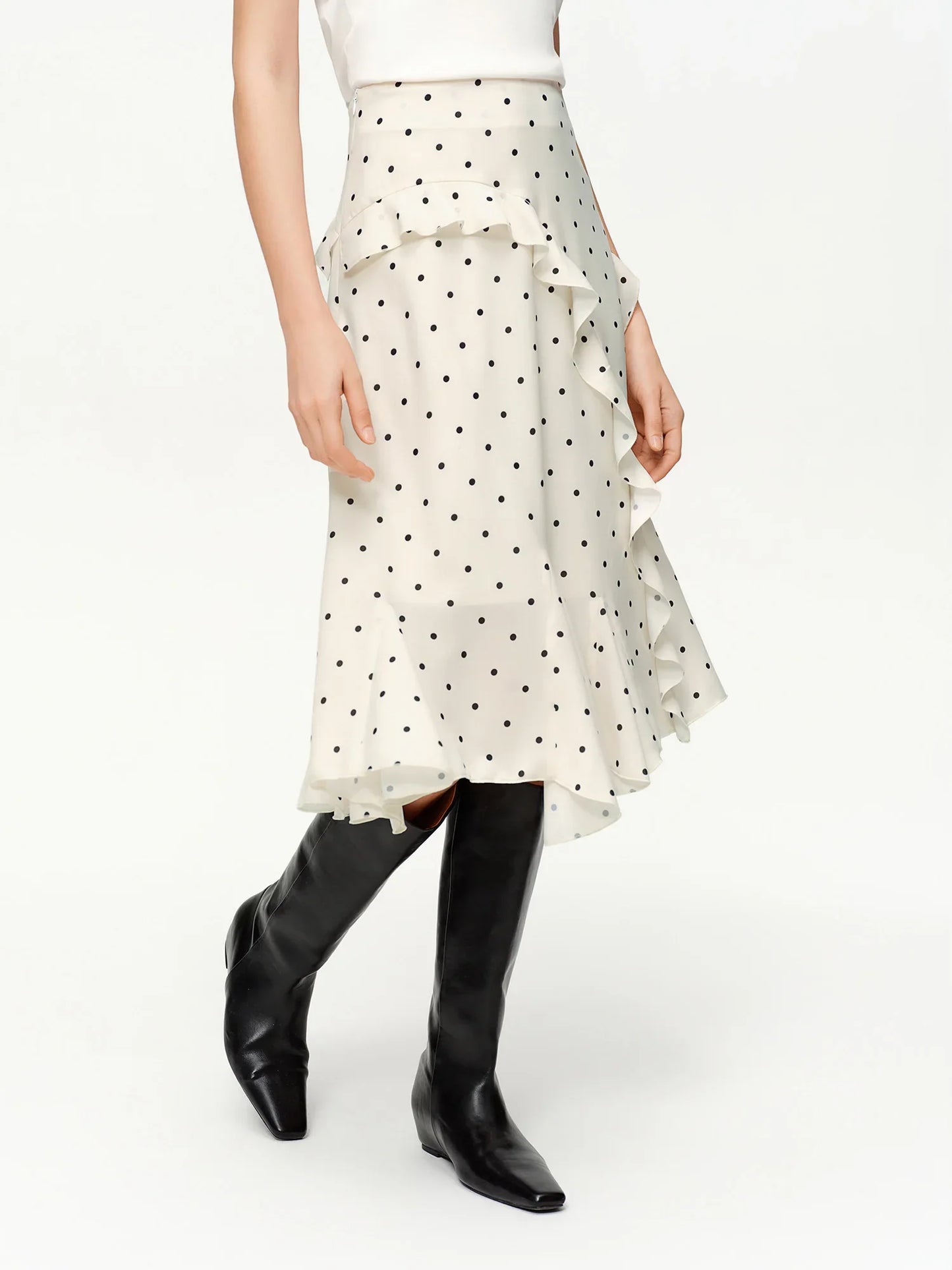 Irregular Ruffle Polka Dot Midi Skirt New Spring High-waisted A-line Skirt for Commuting Knee-length Trendy Korean Style