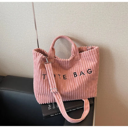 Large Capacity Striped Velvet Handbag Shoulder Bag for Woman Handbags Crossbody Bags, Versatile Letter Corduroy Women's Tote Bag