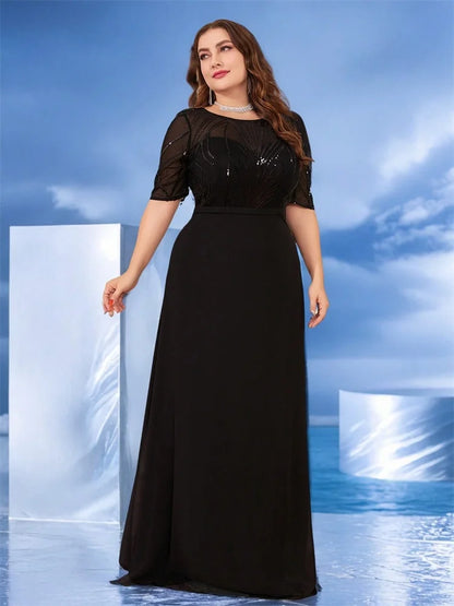 Elegant Short Sleeves Sequin Formal Evening Dress 2025 Women Chiffon Black Mermaid Bridesmaid Party Graduation Gowns