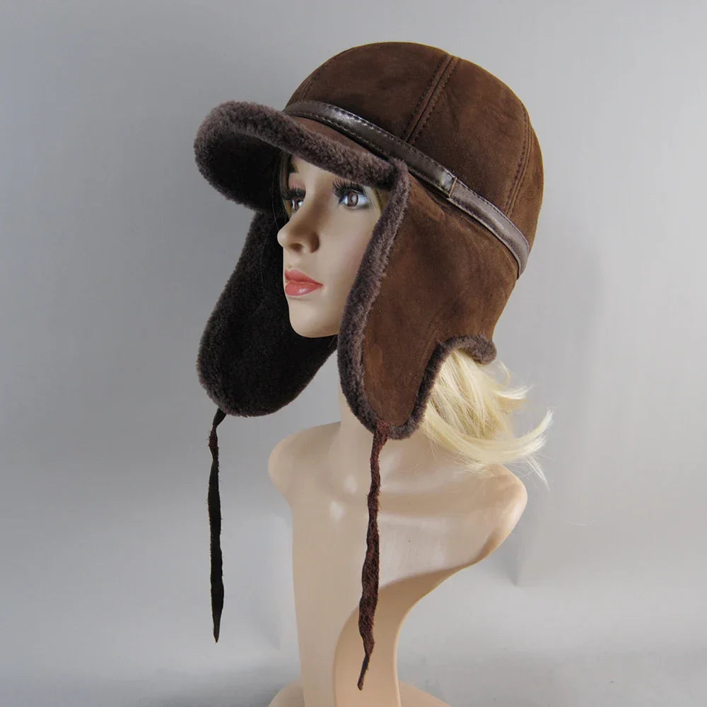 Real Fur Wool Hat Unisex New Winter Warm Bomber Russian Ushanka Hats With Ear Flaps Cow Leather Thick Snow Earflaps Baseball Cap
