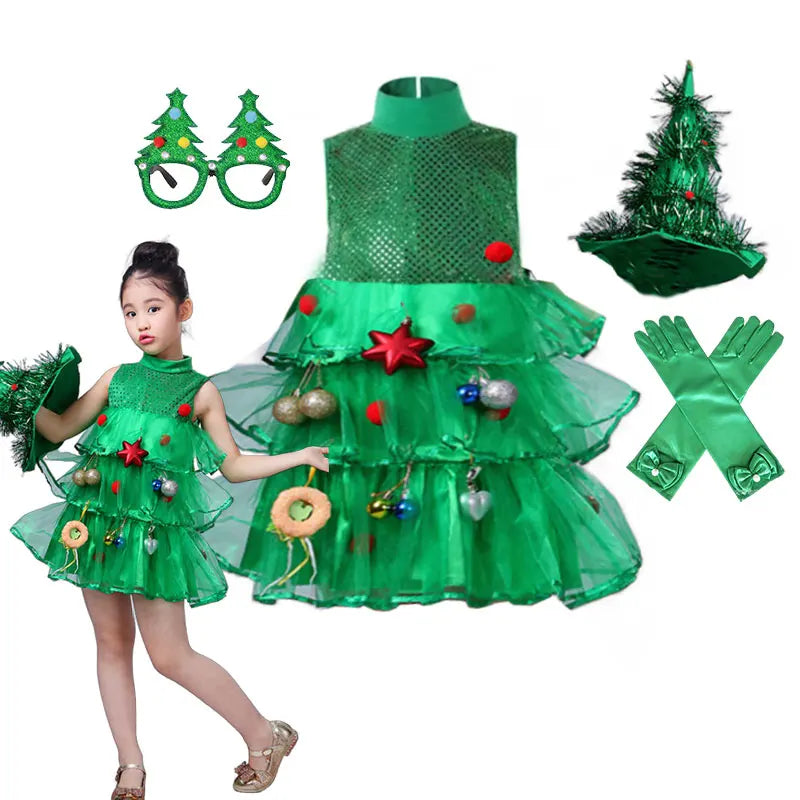 2 4 6 8 10 Yrs Fancy Christmas Tree Dress for Little Girls Xmas Party New Year Frock Kids Santa Claus Lovely Pinetree Ball Gown