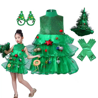 2 4 6 8 10 Yrs Fancy Christmas Tree Dress for Little Girls Xmas Party New Year Frock Kids Santa Claus Lovely Pinetree Ball Gown
