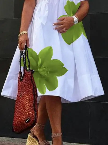 Women's Summer New Dress 2025 V-Neck Pleated Short Sleeves White Loose Flower Print Casual Midi Dresses for Woman