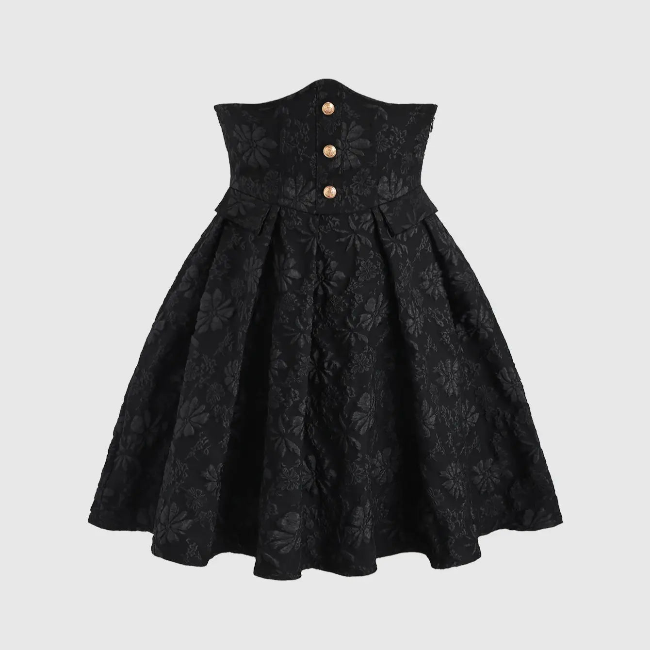 Black floral jacquard strapless dress with button embellishments and puff style skirt