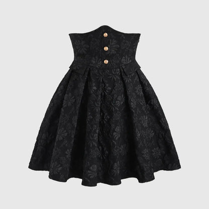 Black floral jacquard strapless dress with button embellishments and puff style skirt