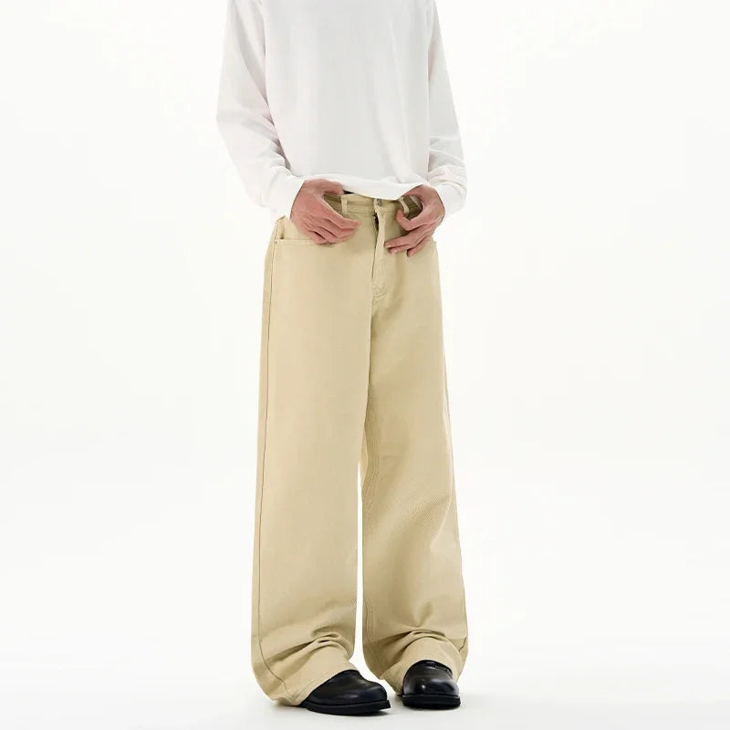 Men Baggy Wide Leg Jeans 100%Cotton Spring Casual Denim Pants Loose Straight Comfort Breathable Fashion Streetwear Male Trousers