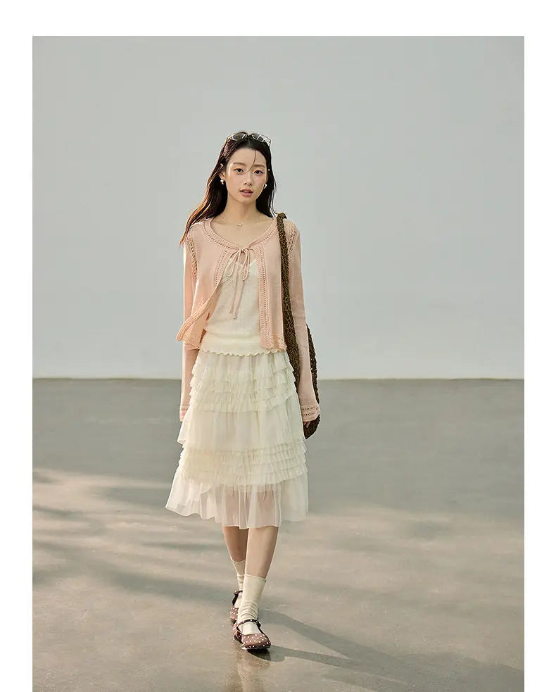 Korean Style Lace Elastic Waist Cake Skirt Mesh Puffy Skirt Women's Dress Knee Length Casual A-Line Skirt Micro Stretch No Slit