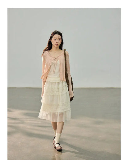 Korean Style Lace Elastic Waist Cake Skirt Mesh Puffy Skirt Women's Dress Knee Length Casual A-Line Skirt Micro Stretch No Slit