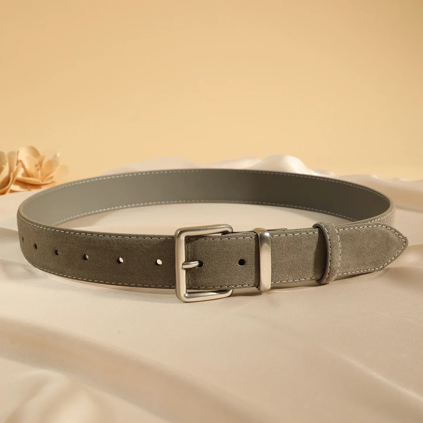 Luxury Suede Cowhide Leather Belt for Women, Vintage Style with Gold Buckle, 3.3cm Wide Waistband for Dresses & Jeans