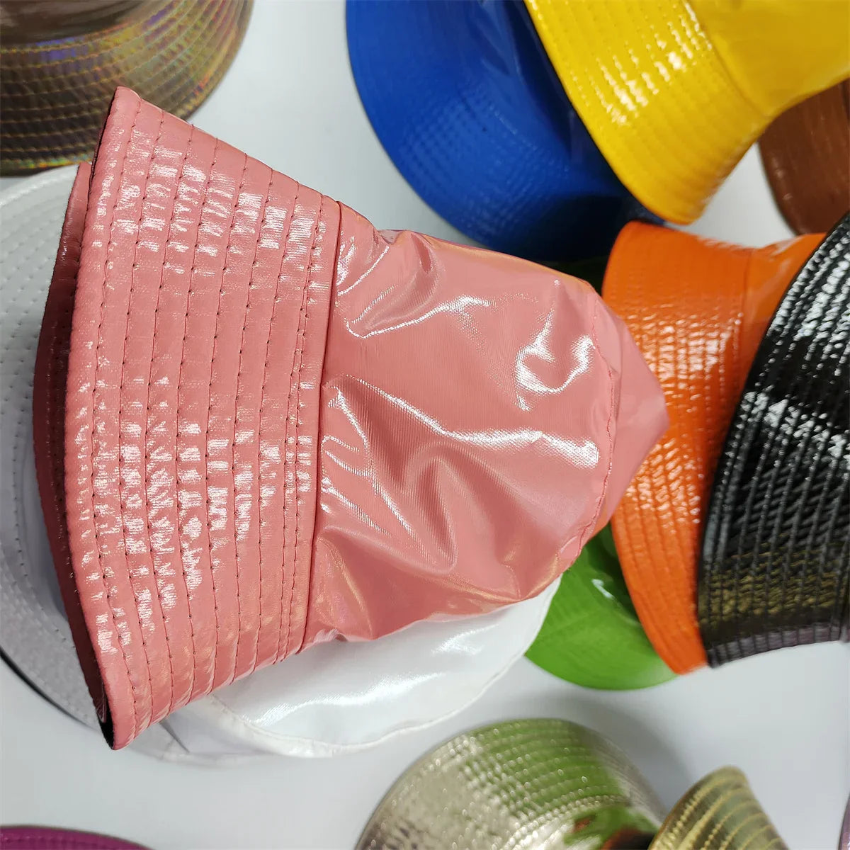 Colorful Shiny Leather Two Sided Fisherman Hat Women's and Men's Hip Hop Summer Sunshade Hat Foldable Bucket Hat