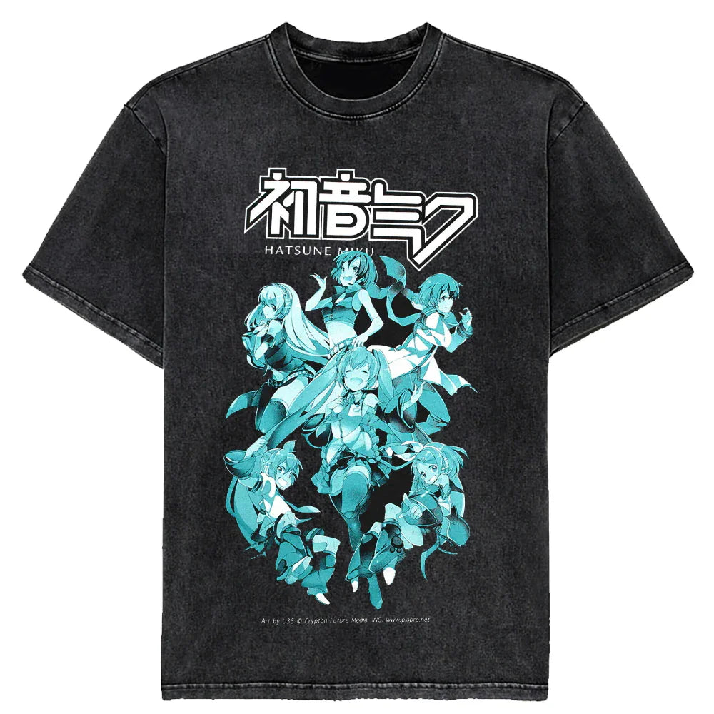 New 2025 Japanese Hatsune Miku Anime Printed Washed Cotton Retro Distressed Short-Sleeved Unisex T-Shirt Vintage Men Women