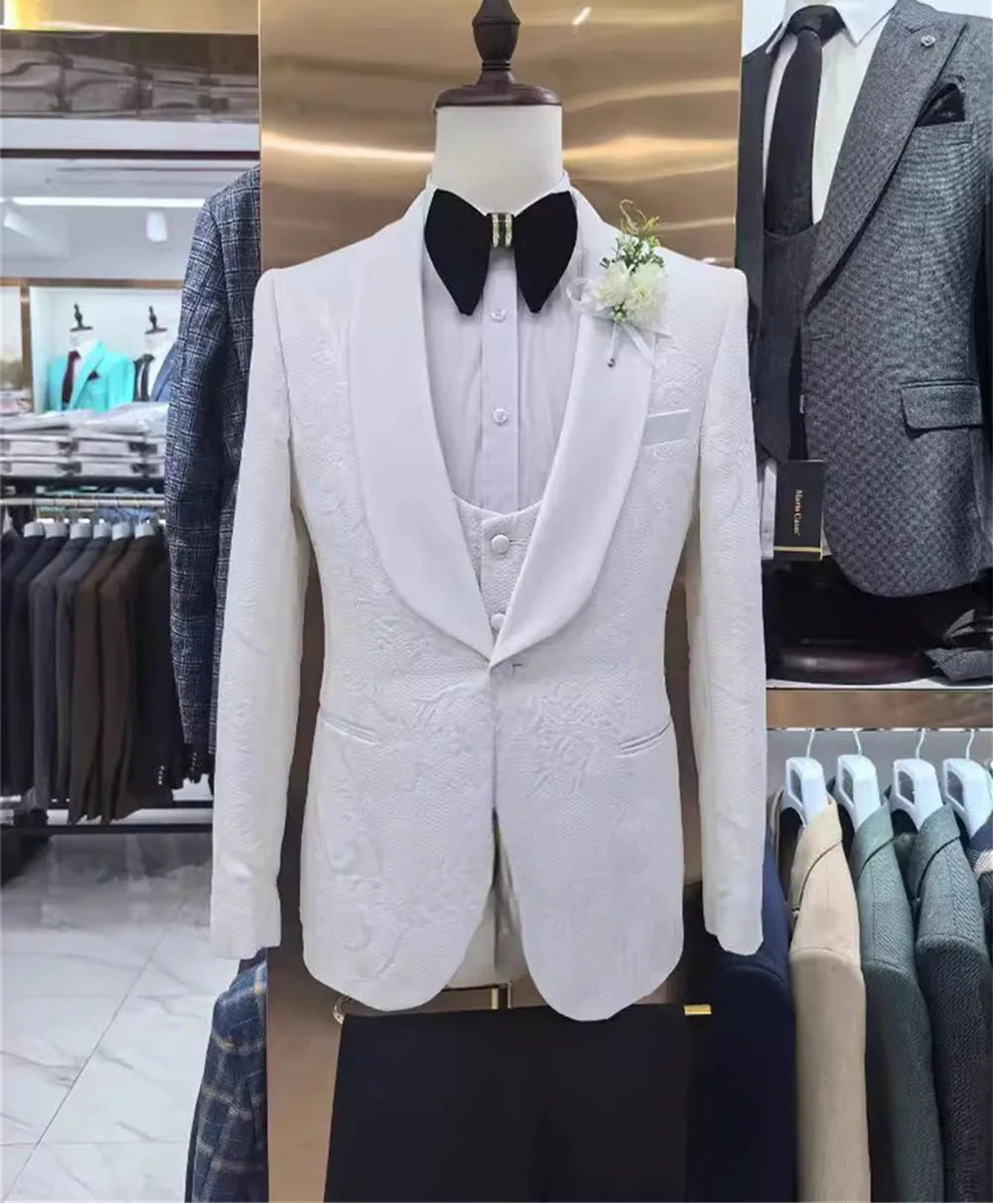 Handsome Men's Wedding Suit Set Men's Suit Set For Formal Banquet Fashion Jacquard Suit Jacket High Quality 3PCS For Red Carpet