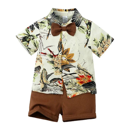 Toddler Baby Boys Sets Summer Hawaiian Outfit Infant Kids Floral Print Short Sleeve Shirt Bowtie Shirt+Shorts Gentleman Suits