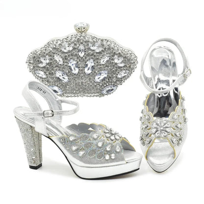 New Arrival Italian Party Shoes and Bag Set Decorated with Rhinestone African Women Wedding Shoes Bride Plus Size Women Shoes 43