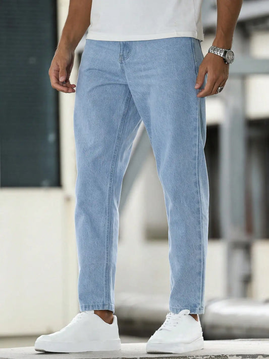 Solid color men's casual jeans, comfortable and breathable for a premium look.