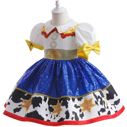 Vestido de menina Jessie, meninas Buzz Lightyear, vestido de desenho animado de vaca, roupas de Halloween, festa Toy Story, vestidos de cosplay, fantasia infantil