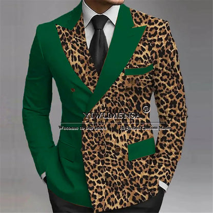 Leopard Splicing Wedding Tuxedo Bespoke Groom Wear Peaked Lapel Prom Male Birthday Party Jacket Black Pants 2 Pieces Suits Men