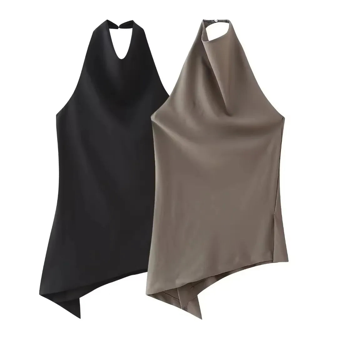 Womens Satin Halter Neck Top Asymmetrical Hem Sleeveless Blouse Elegant Party Club Summer Streetwear Crop Top