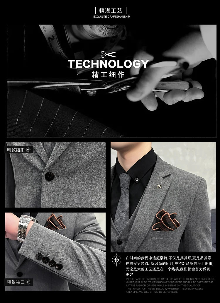 ( Blazer + Vest + Pants ) Boutique Fashion Solid Color Men's Slim Casual Business Suit Three-piece Set Groom Wedding Dress Party