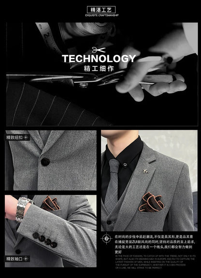 ( Blazer + Vest + Pants ) Boutique Fashion Solid Color Men's Slim Casual Business Suit Three-piece Set Groom Wedding Dress Party