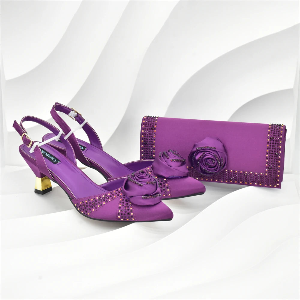 Luxury Italian Shoes and Bag Set for Women Pointed Toe High Heels Party Dress Female Pumps Decorated with Handmade Flowers