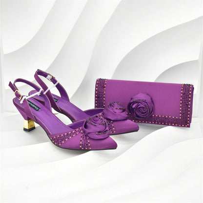 Luxury Italian Shoes and Bag Set for Women Pointed Toe High Heels Party Dress Female Pumps Decorated with Handmade Flowers